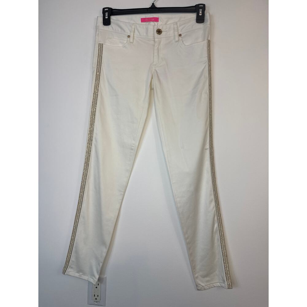 Lilly Pulitzer Worth Skinny Jeans Pants Coconut White Gold Trim NWT Size 2